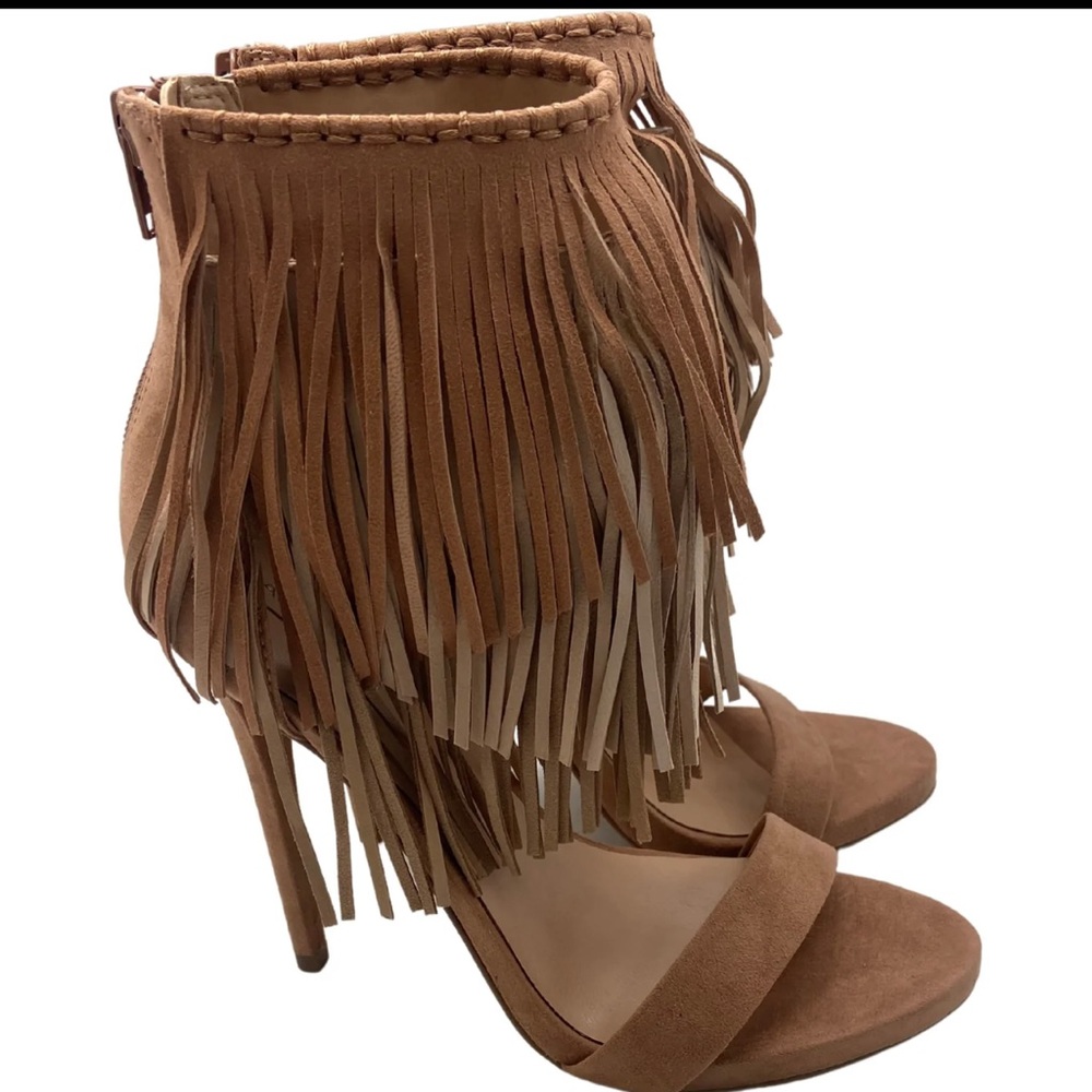 Womens Aldo Rivamonte Suede Fringe Heels Tan Sandals Size 8.5